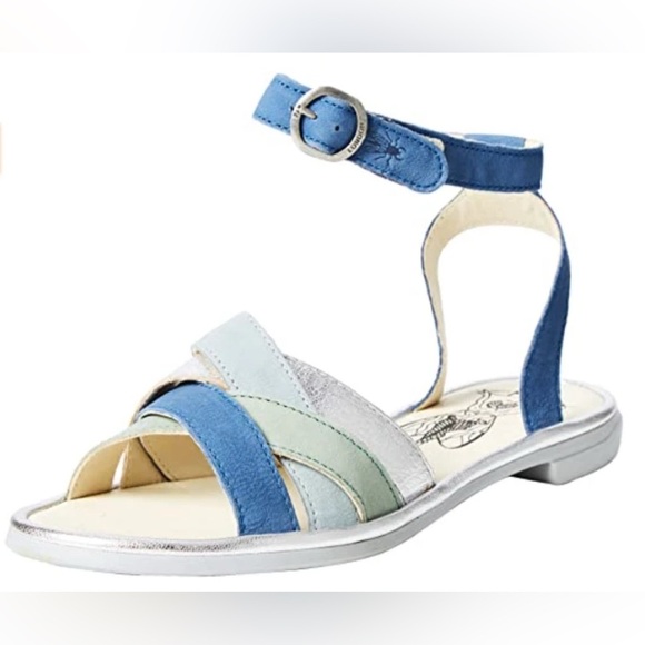 FLY LONDON Sz 40 Cune 65Fly Leather Multi Ankle Strap Sandals Blue Jade Silver - Picture 2 of 15